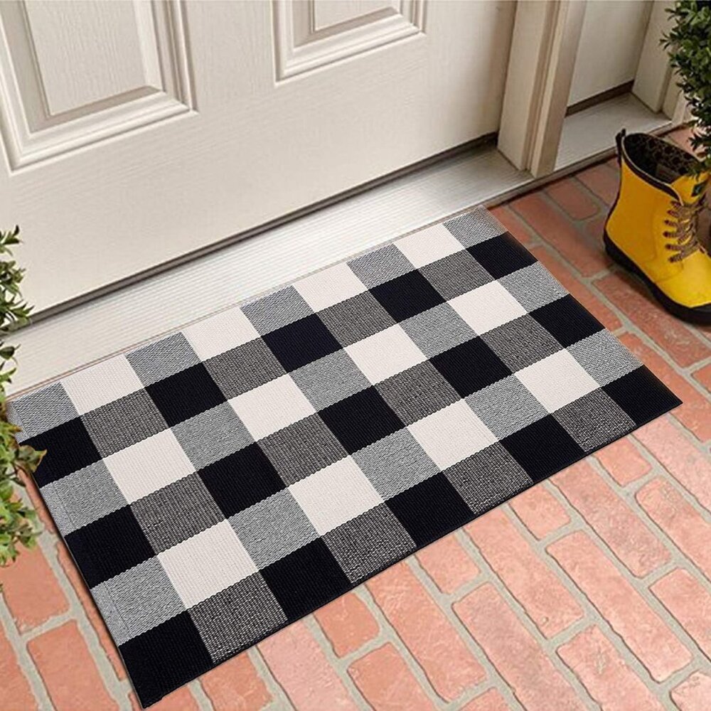 Buffalo Plaid Rug 2X3 ft Outdoor Black and White Checked Rug Cotton Reversible H